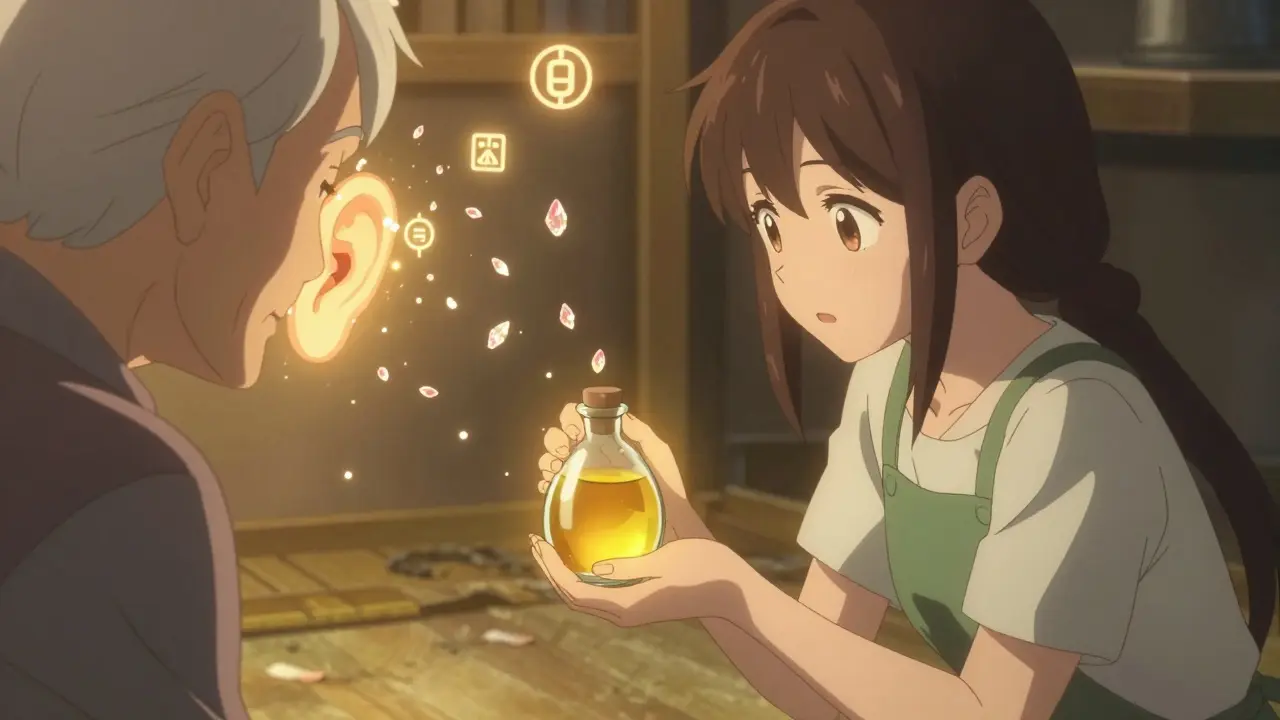 Elderly person's earwax turns into shimmering petals as golden oil glows softly.