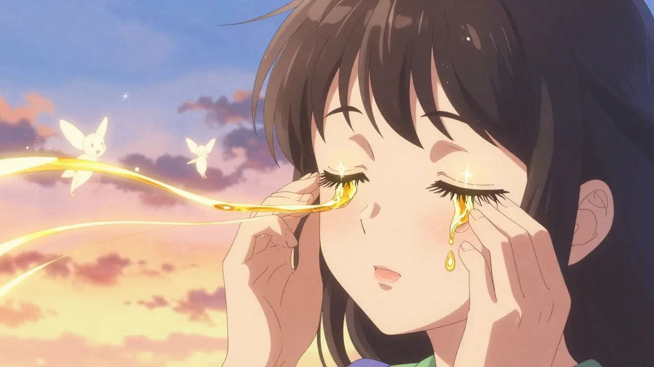 Gentle massage releasing golden oil threads from eyelid glands, surrounded by floating healing sprites.