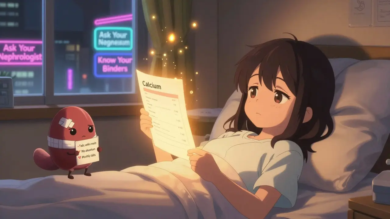 Girl holding glowing blood test results with a worried kidney creature beside her, safe medication sparkles rising.