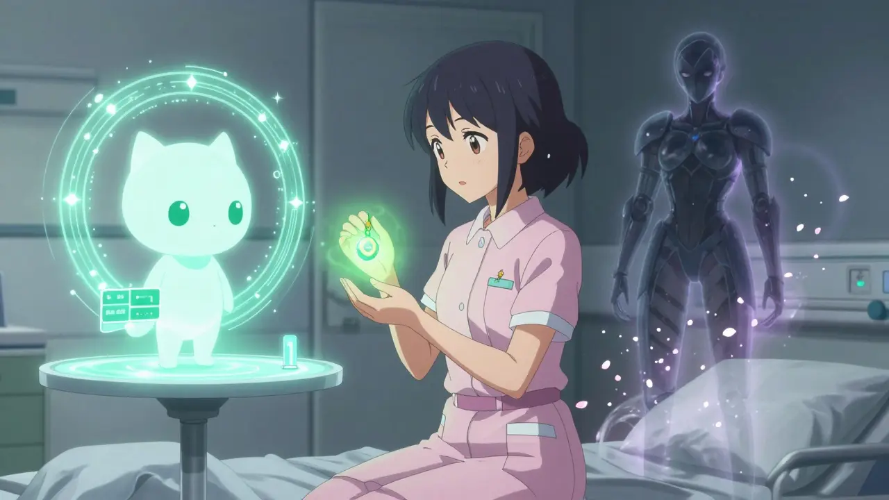 Girl holds glowing escitalopram charm as dark paroxetine armor dissolves into petals in a hospital room.