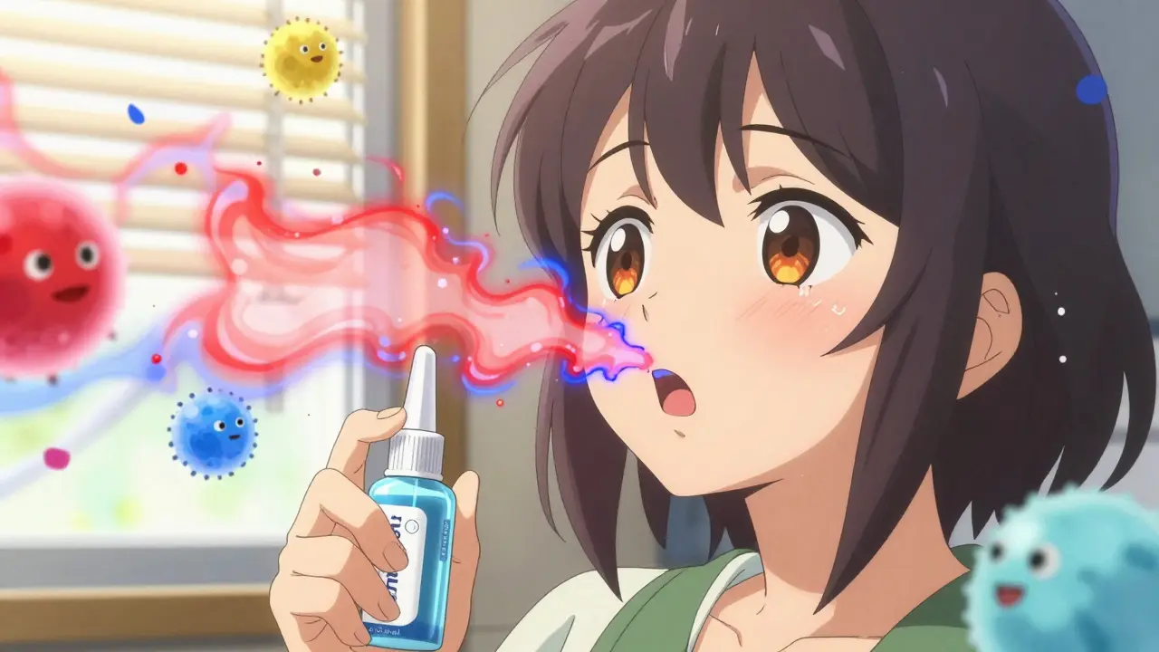 Girl mid-sneeze as magical blue energy calms red histamine chaos in her nose.