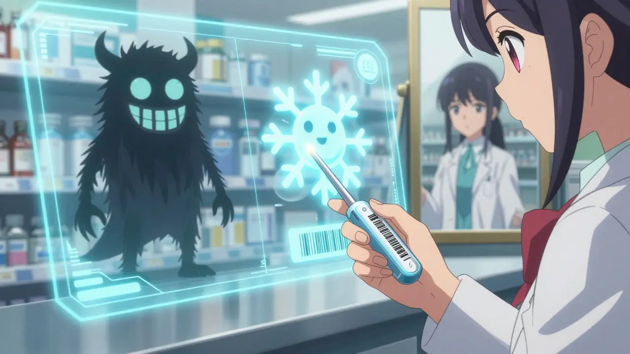 Girl scanning cold medicine with magical wand, hologram showing safe vs. dangerous ingredients side by side.