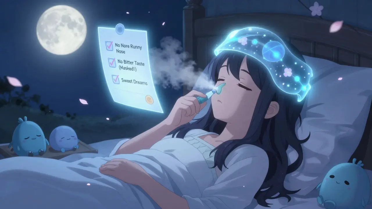 Girl sleeping peacefully with soothing blue mist calming her nasal passages at night.