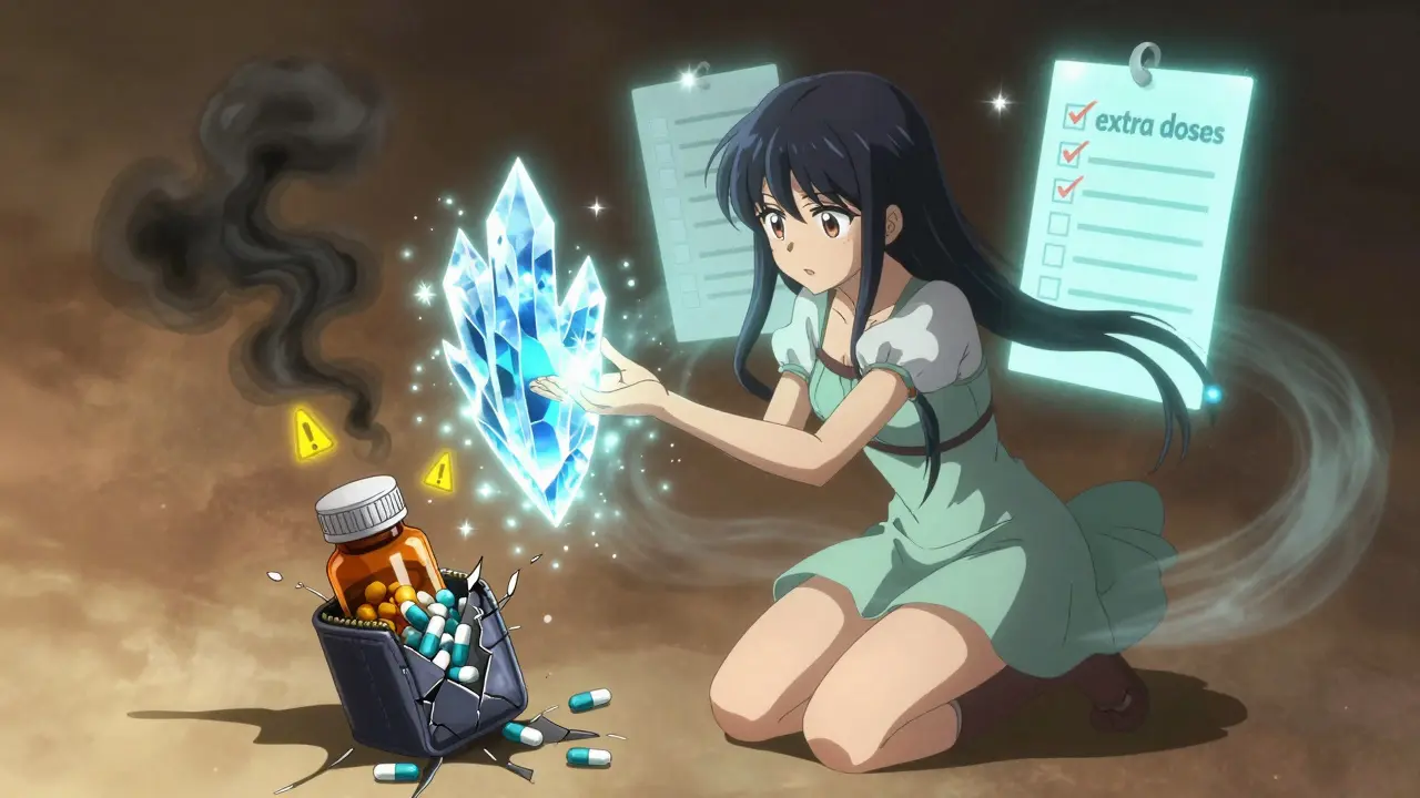 Girl using ice magic to shield backup meds from a shattered, overheated pill bottle.