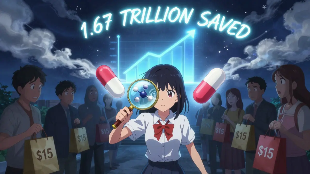 Girl using magnifying glass to reveal identical molecules in brand and generic pills, shadows dissolving into light.