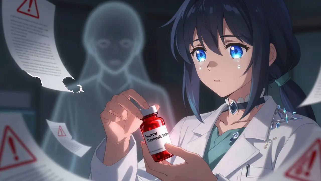 Hand placing a warning seal on a pill bottle with a ghostly patient fading behind, surrounded by legal runes.