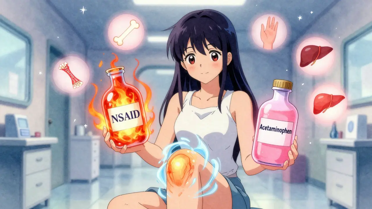 Heroine comparing NSAID and acetaminophen potions on a swollen knee and dull ache.