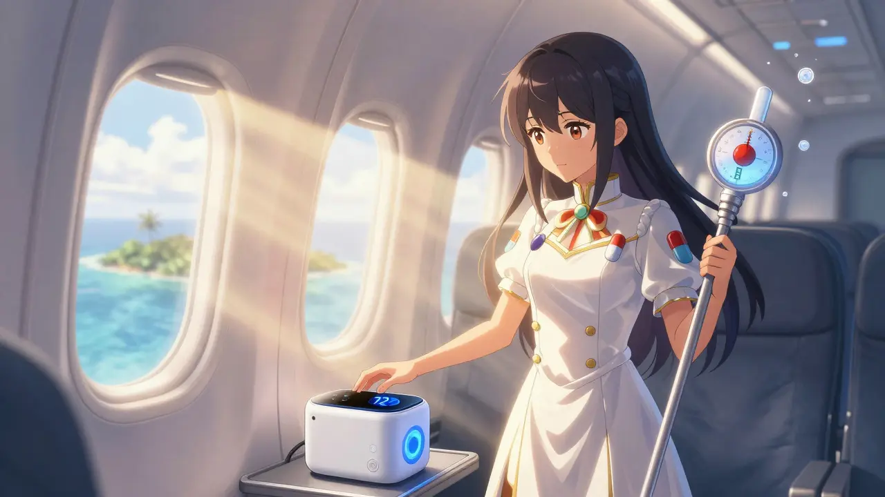 Heroine placing a smart medication cooler under an airplane seat with temperature display glowing safely.