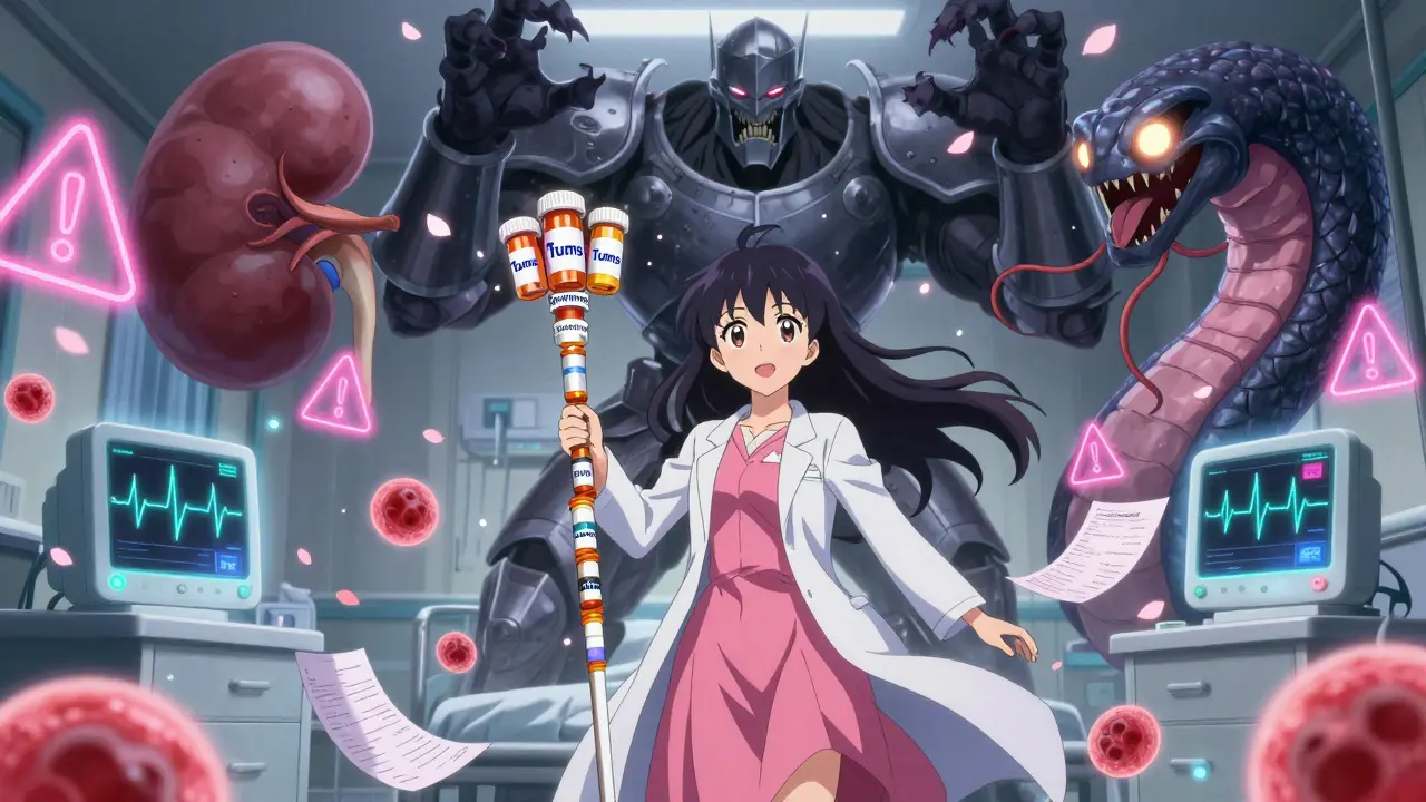Magical girl battling dangerous antacid monsters in a hospital with prescription binders as her weapon.