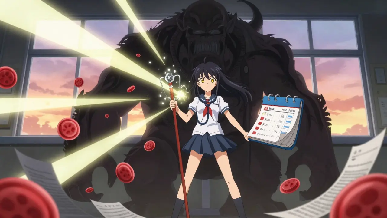 Magical girl defeating a monster made of missed lab tests with a light-based staff