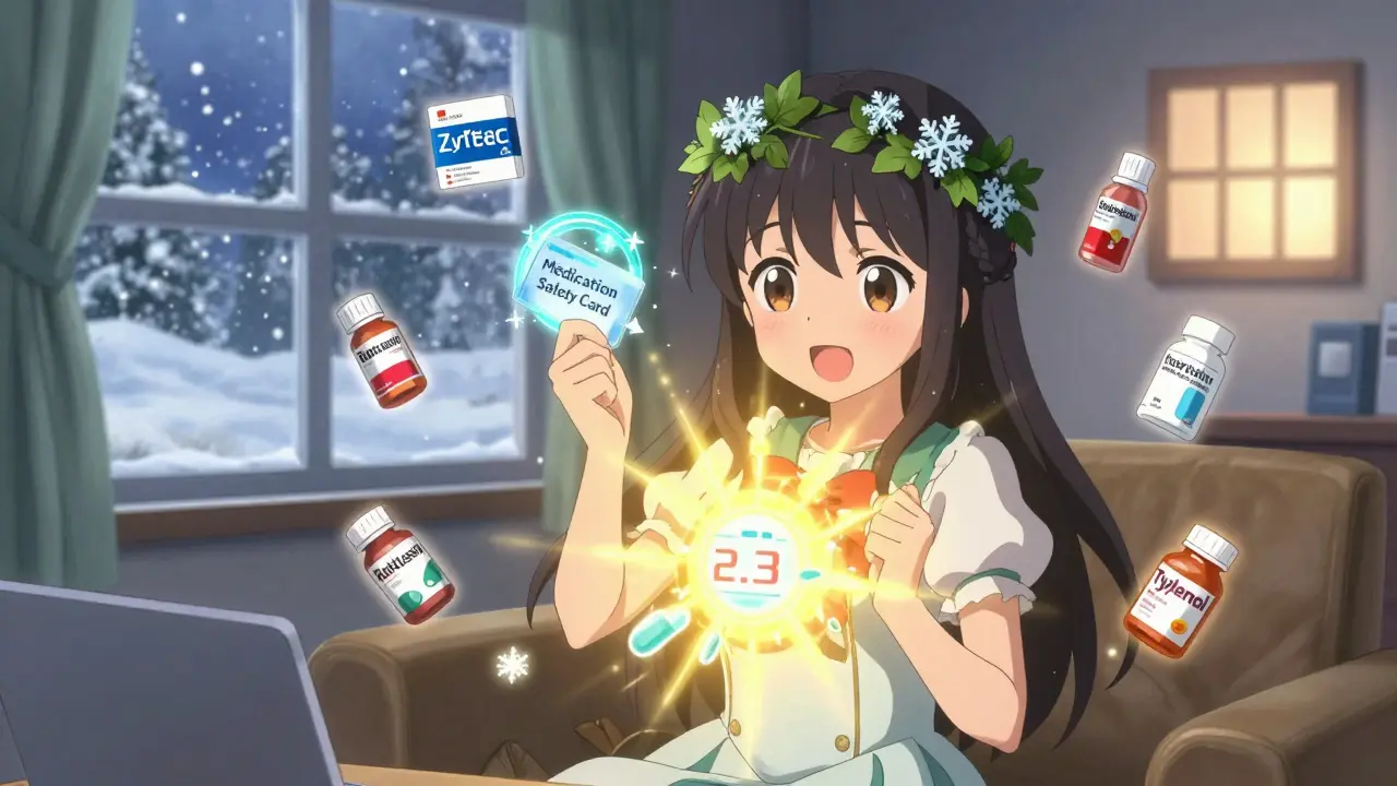 Magical girl holding glowing safety card with safe medications floating around her, INR dial steady at 2.3.
