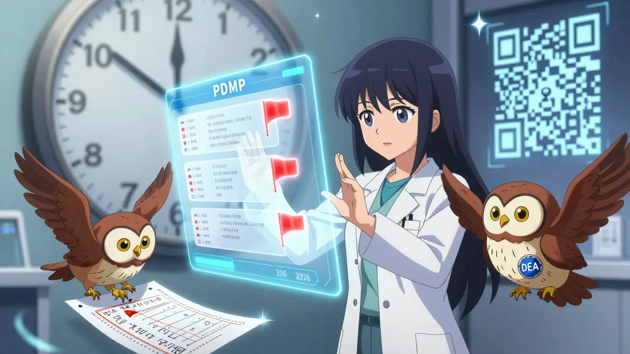 Pharmacist activating a holographic PDMP system with glowing red flags and a DEA owl familiar.