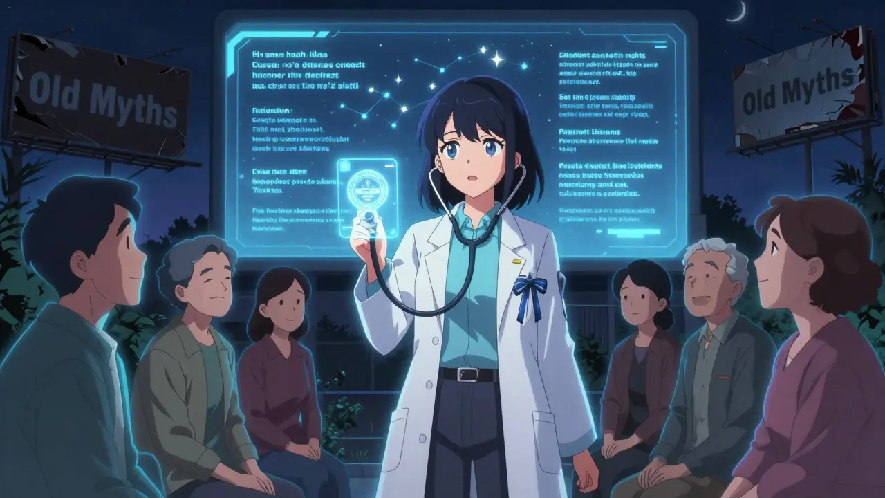 Pharmacist projecting FDA approval holograms while patients glow with calm energy.