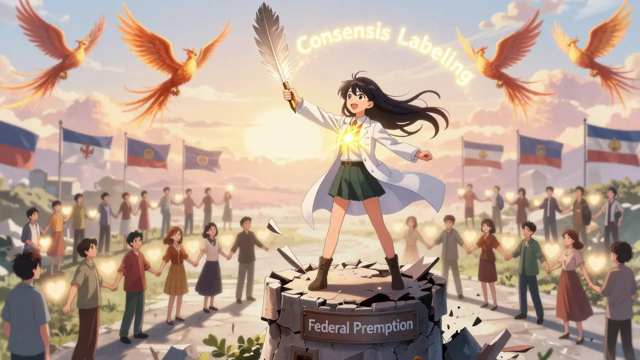 Pharmacist standing on a crumbling tower, writing 'Consensus Labeling' in golden light as patients form a heart chain.