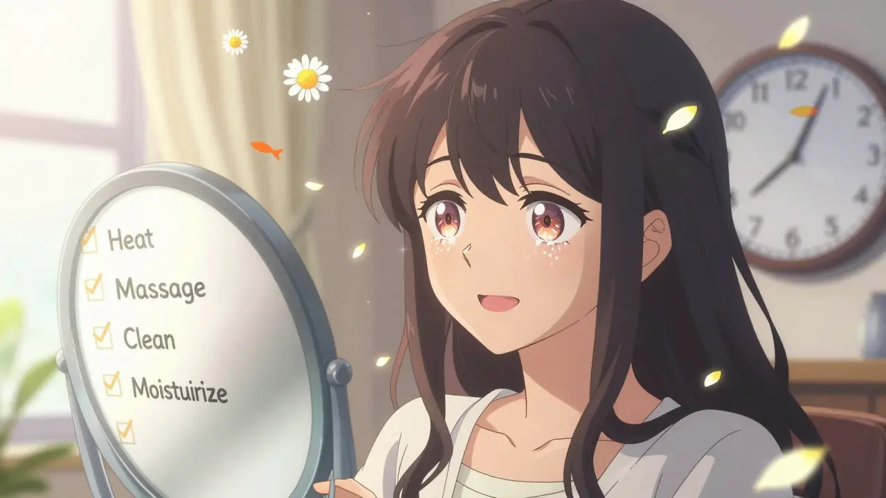 Smiling girl with healthy eyes, shimmering tear film and glowing self-care steps floating nearby.