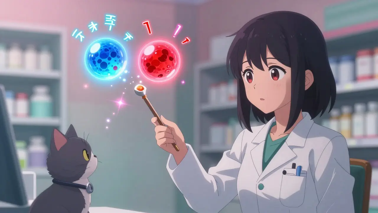 Technician uses a pill-wand to separate dangerous look-alike drugs with magical orbs.