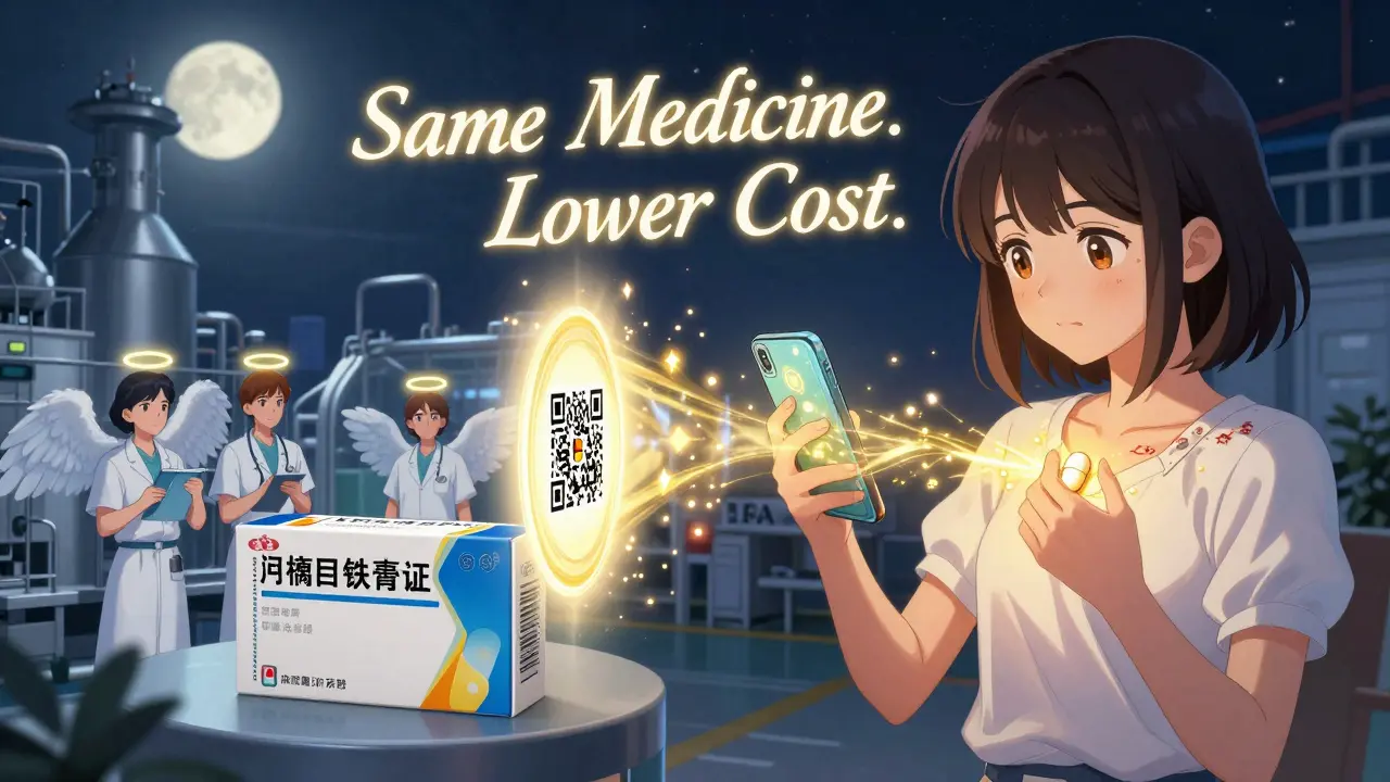 Teen scanning a pill QR code that reveals a magical journey from factory to healing.