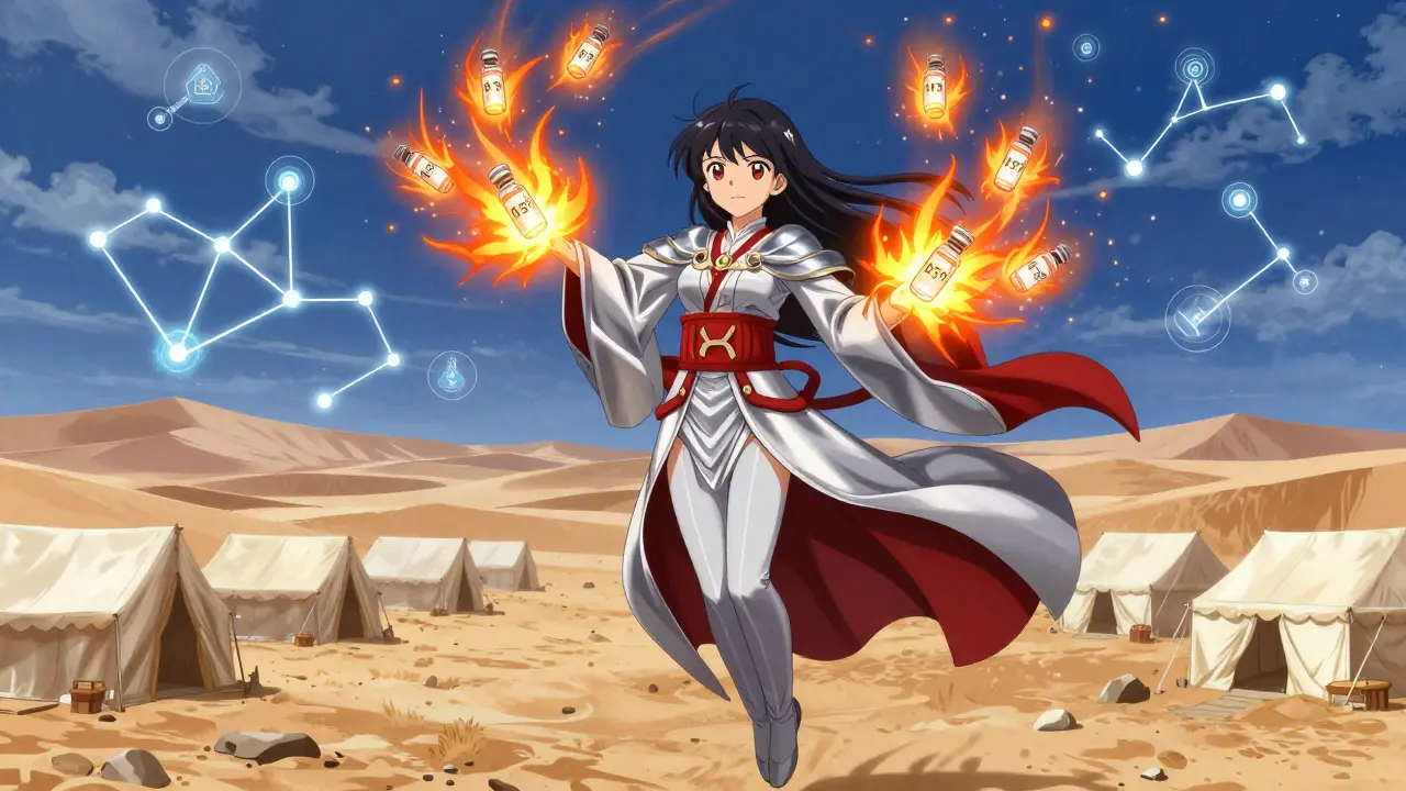 A celestial guardian releases heat-stable vaccines as IoT sensors form a glowing network across the desert.