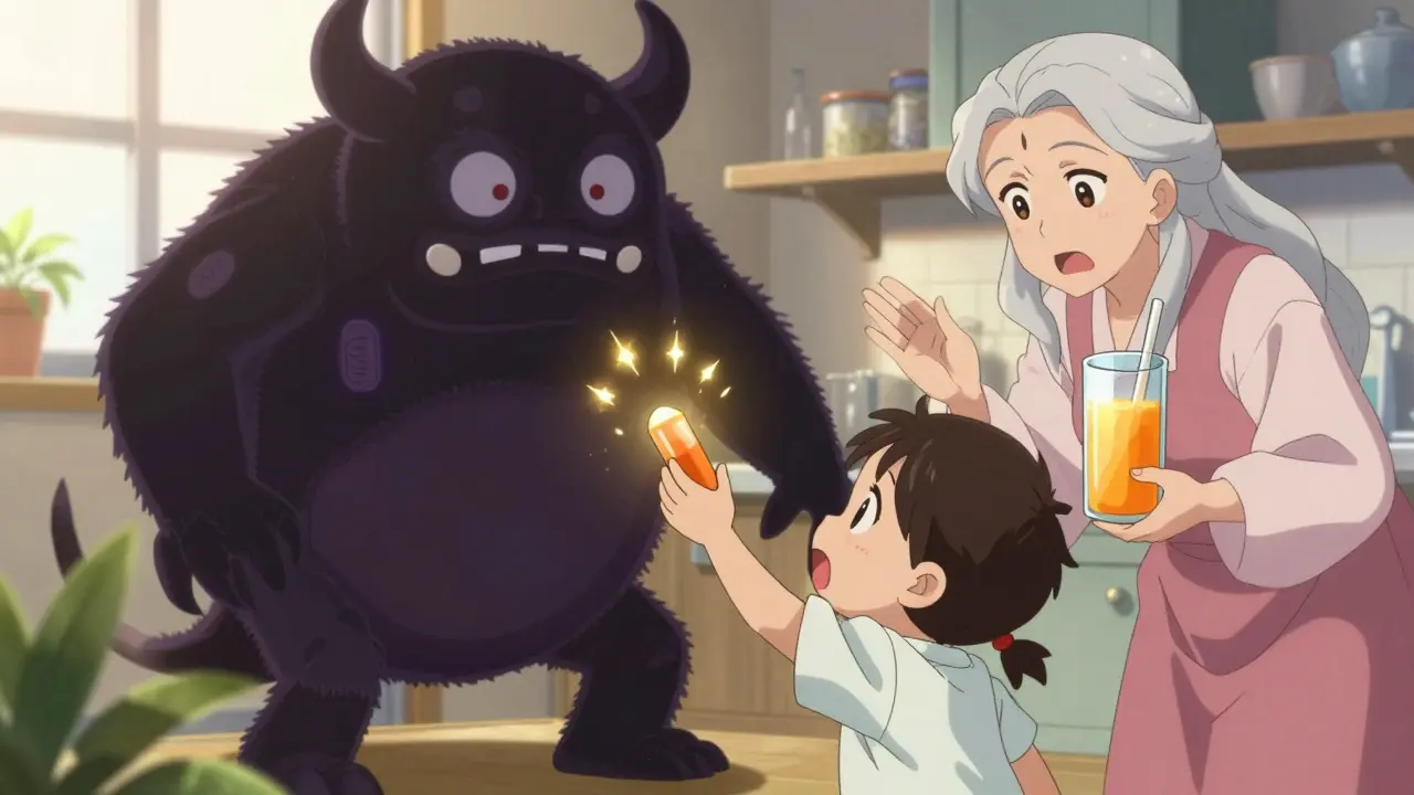 A child rescued from an antacid monster by a magical girl holding orange juice.