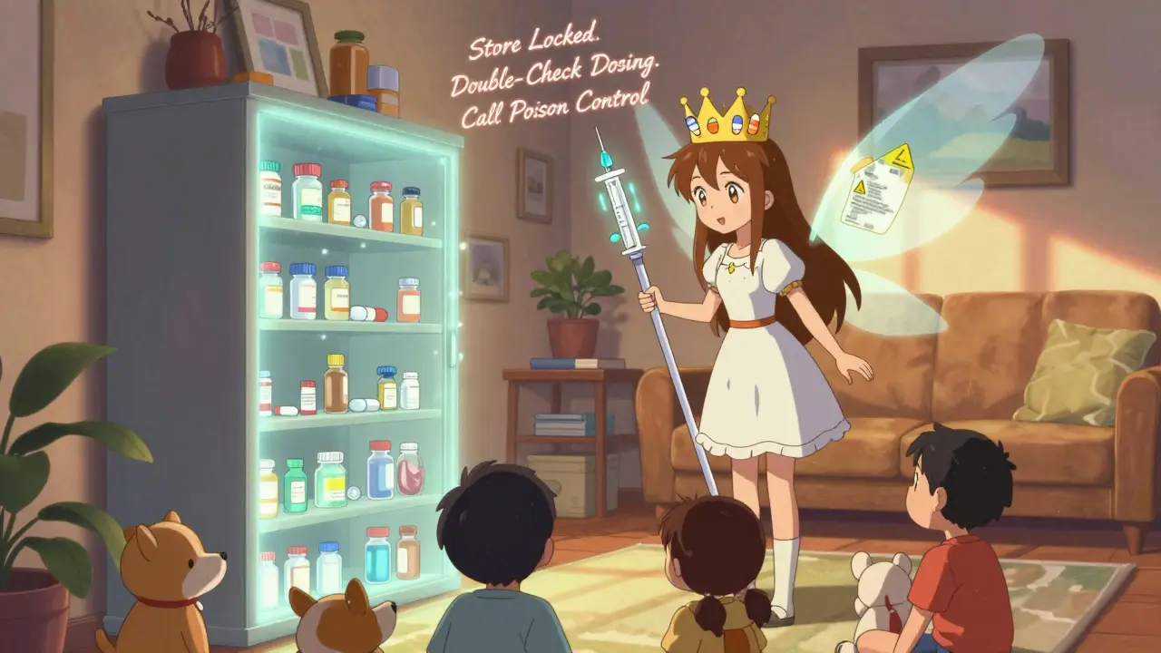 A guardian girl with pill bottle crown protects a family's medicine cabinet as children play safely nearby, with warning labels floating in the air as wings.