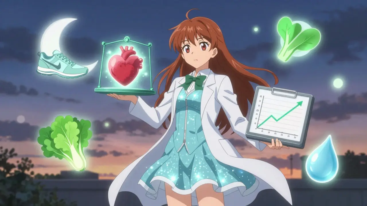 A heroine balances a heart and blood sugar graph on a glowing scale, surrounded by healthy symbols.