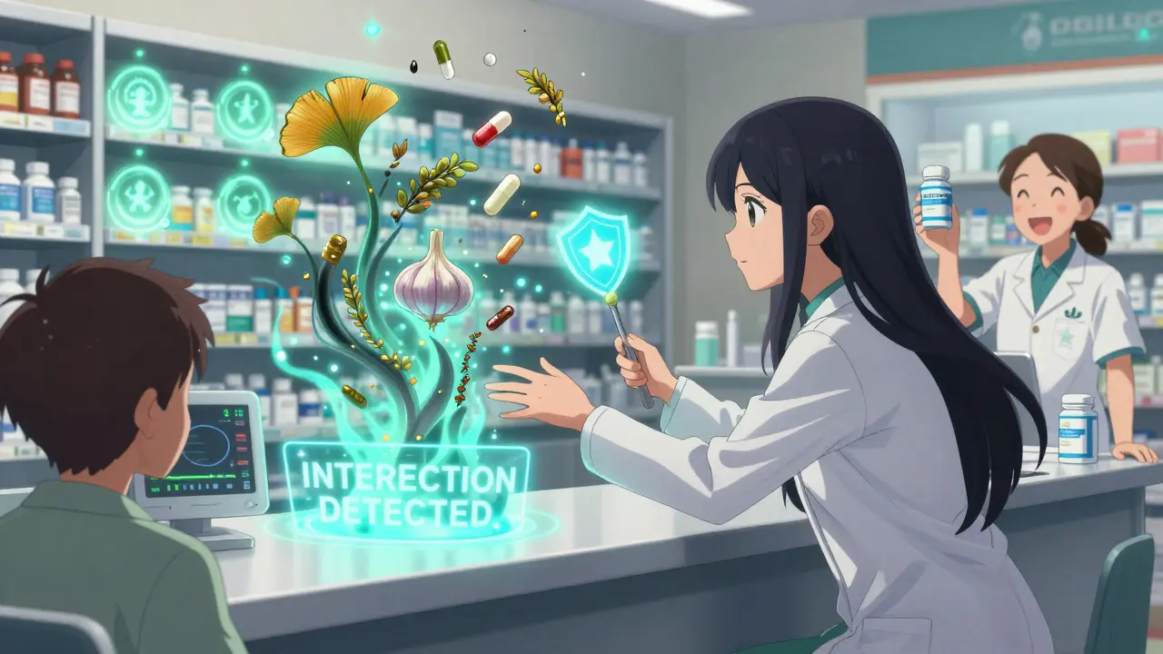 A magical girl confronts dangerous supplement vortexes at a pharmacy, with a holographic interaction warning glowing above.