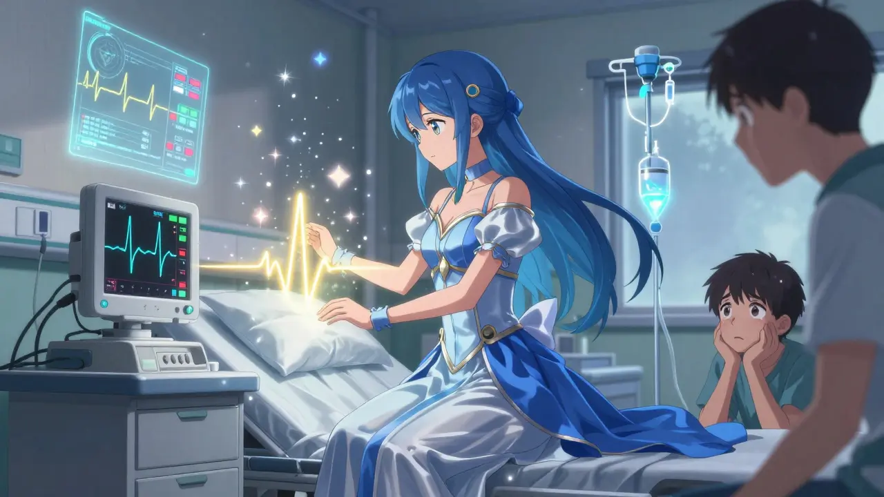 A magical healer channels energy into an EKG monitor showing a corrected heart rhythm, with floating medical charts and glowing IV fluids in a hospital setting.