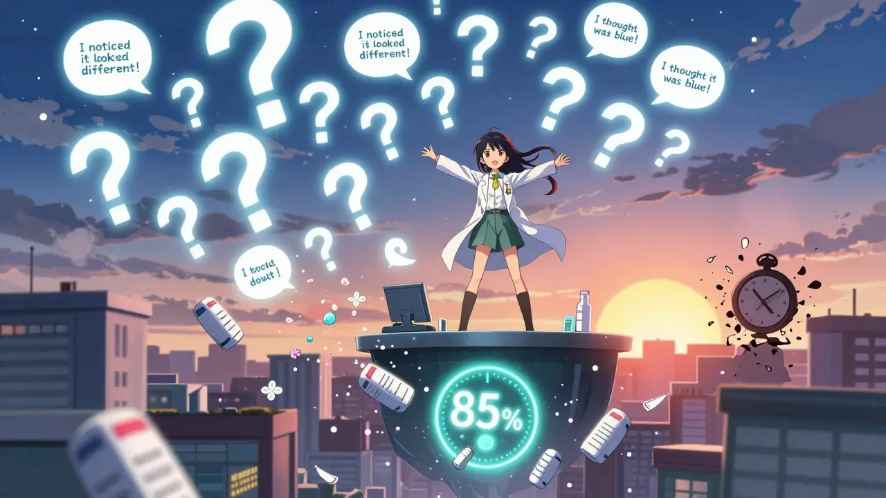 A pharmacist stands atop a pharmacy counter as glowing patient voices form a constellation, symbolizing 85% error detection success.