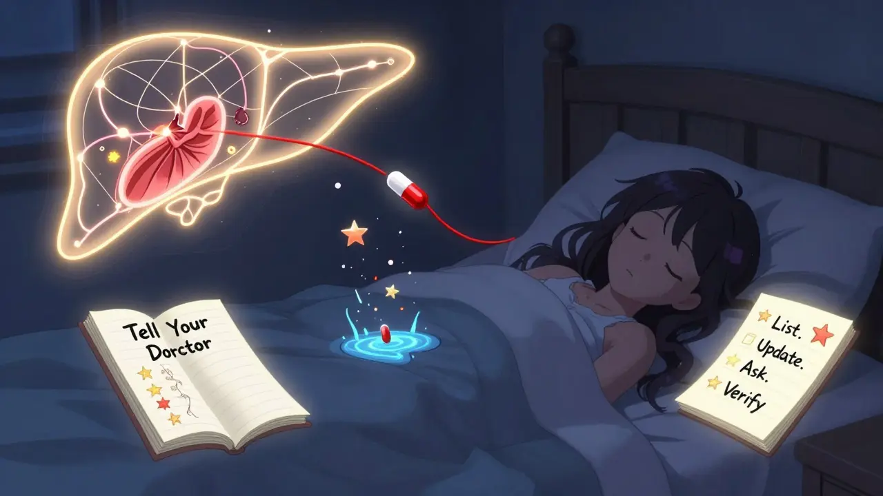 A sleeping girl is watched over by a glowing liver map, with a CoQ10 thread disrupting a statin pill’s effect.