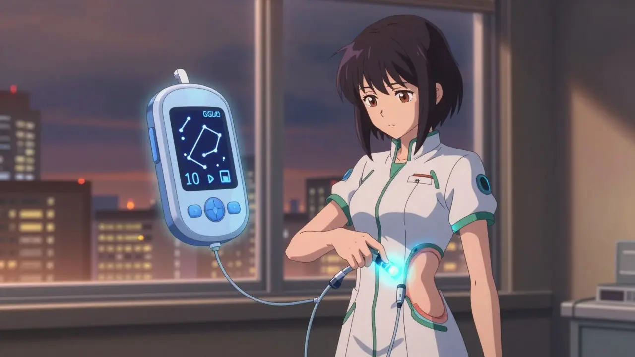 A teen using a glowing insulin pump and floating CGM sensor, with a calm cityscape behind her in magical girl style.