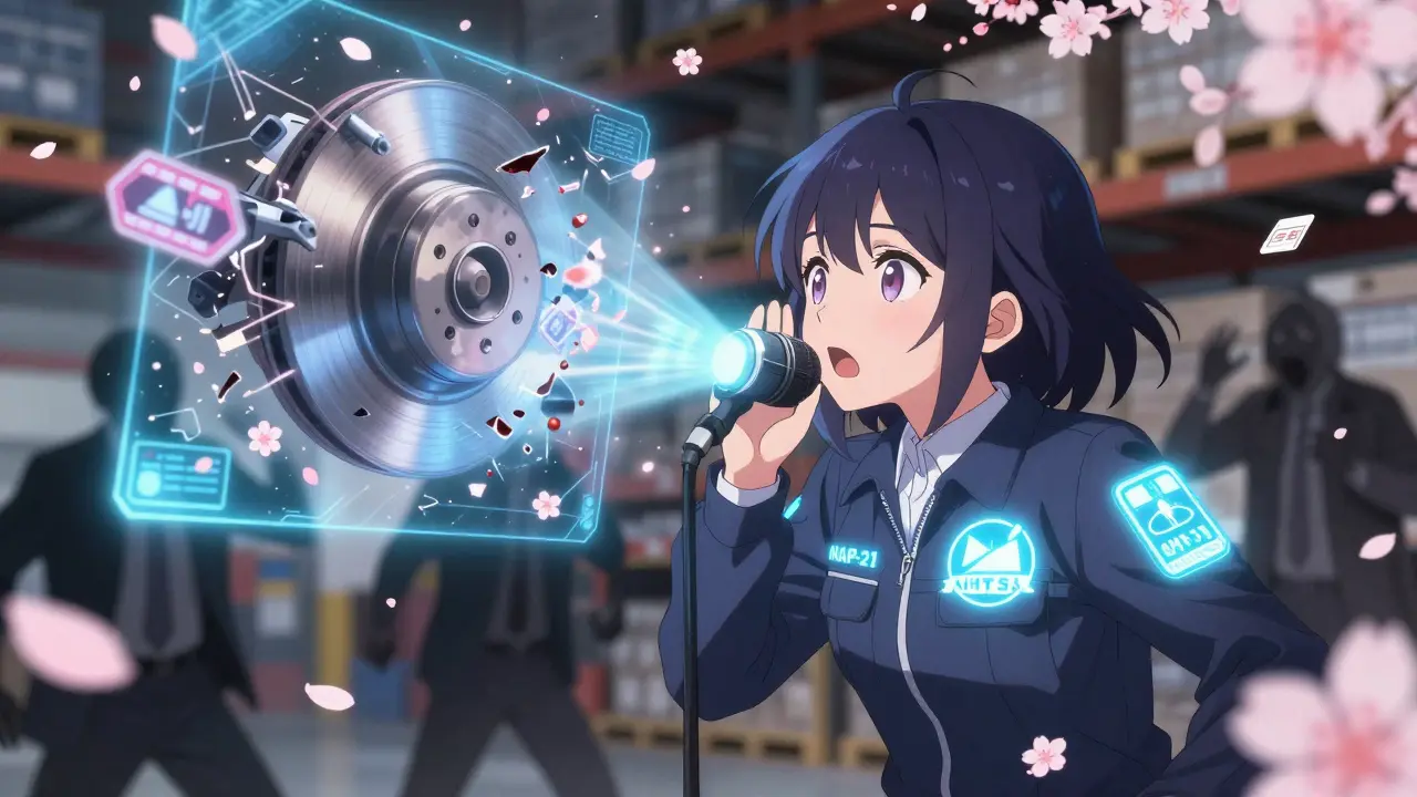 A warehouse worker projects a hologram of a failing brake system, legal emblems glowing as corporate shadows retreat.