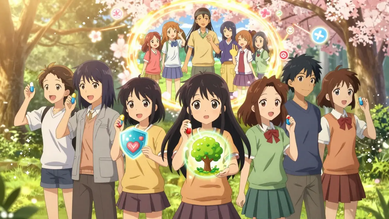 Diverse characters stand in a park, each holding statin charms that glow with protective magic.