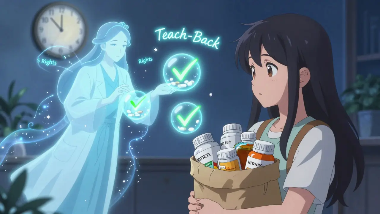 Girl and spirit pharmacist organizing meds into synchronized glowing orbs.