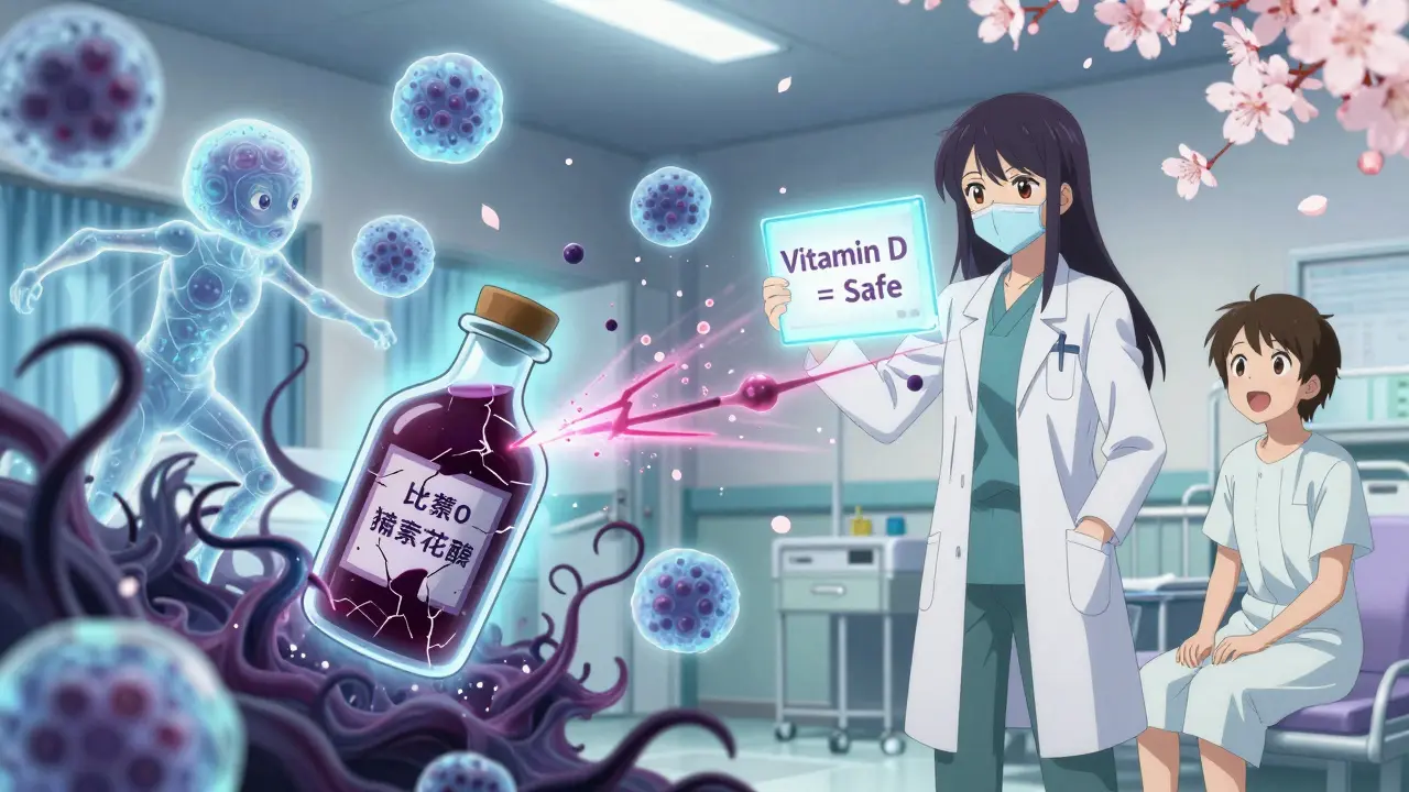 Glowing immune warriors fight shadowy elderberry tendrils in a hospital, with a doctor holding a 'Vitamin D = Safe' sign.