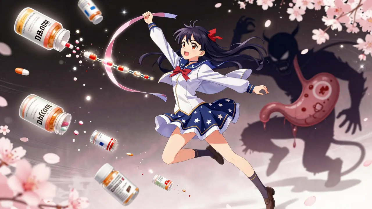 Magical girl defeating a bleeding stomach monster with glowing pill chains.