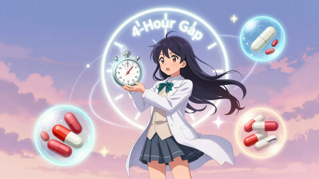Magical girl using a stopwatch to separate calcium and iron supplements with a 4-hour gap.