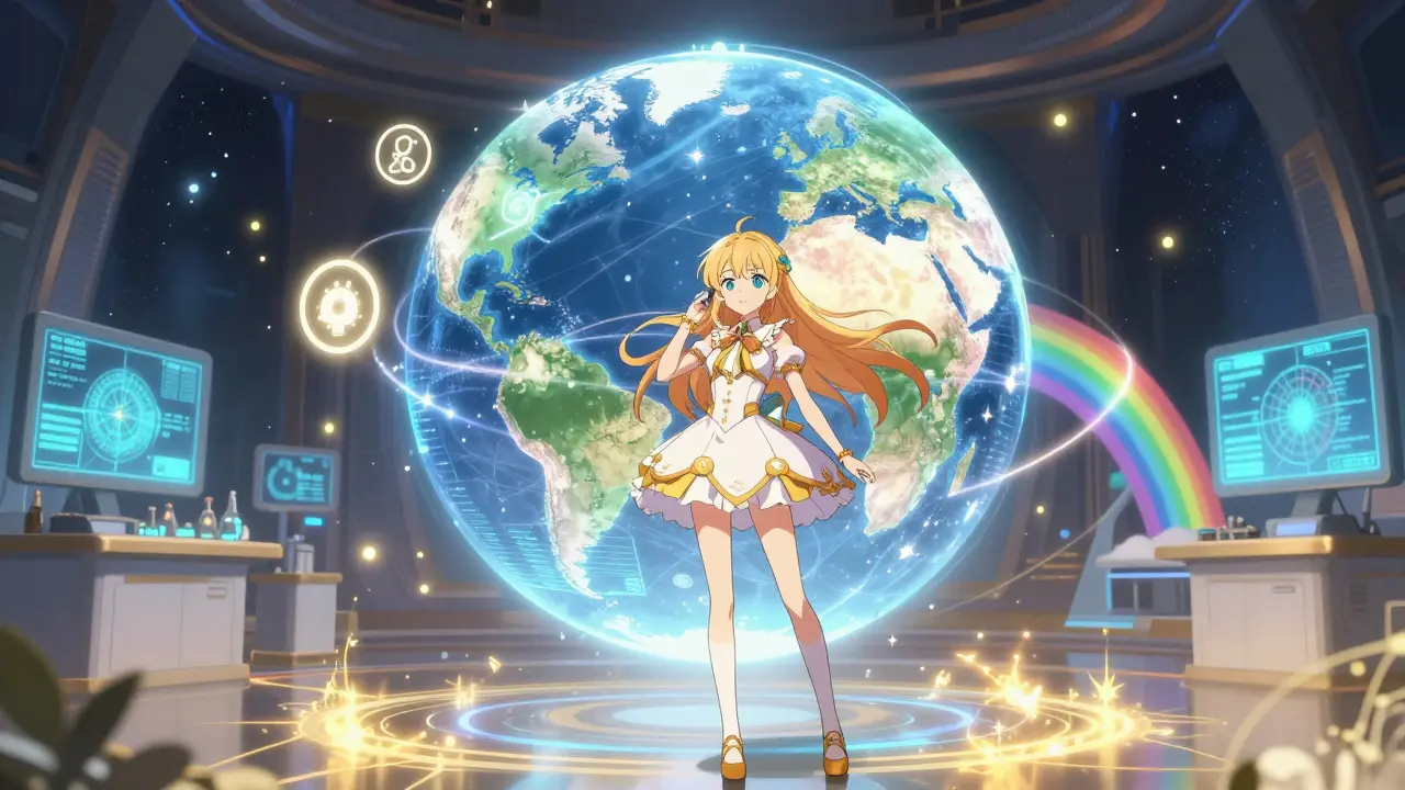 Magical girl using holographic PBPK model with international symbols