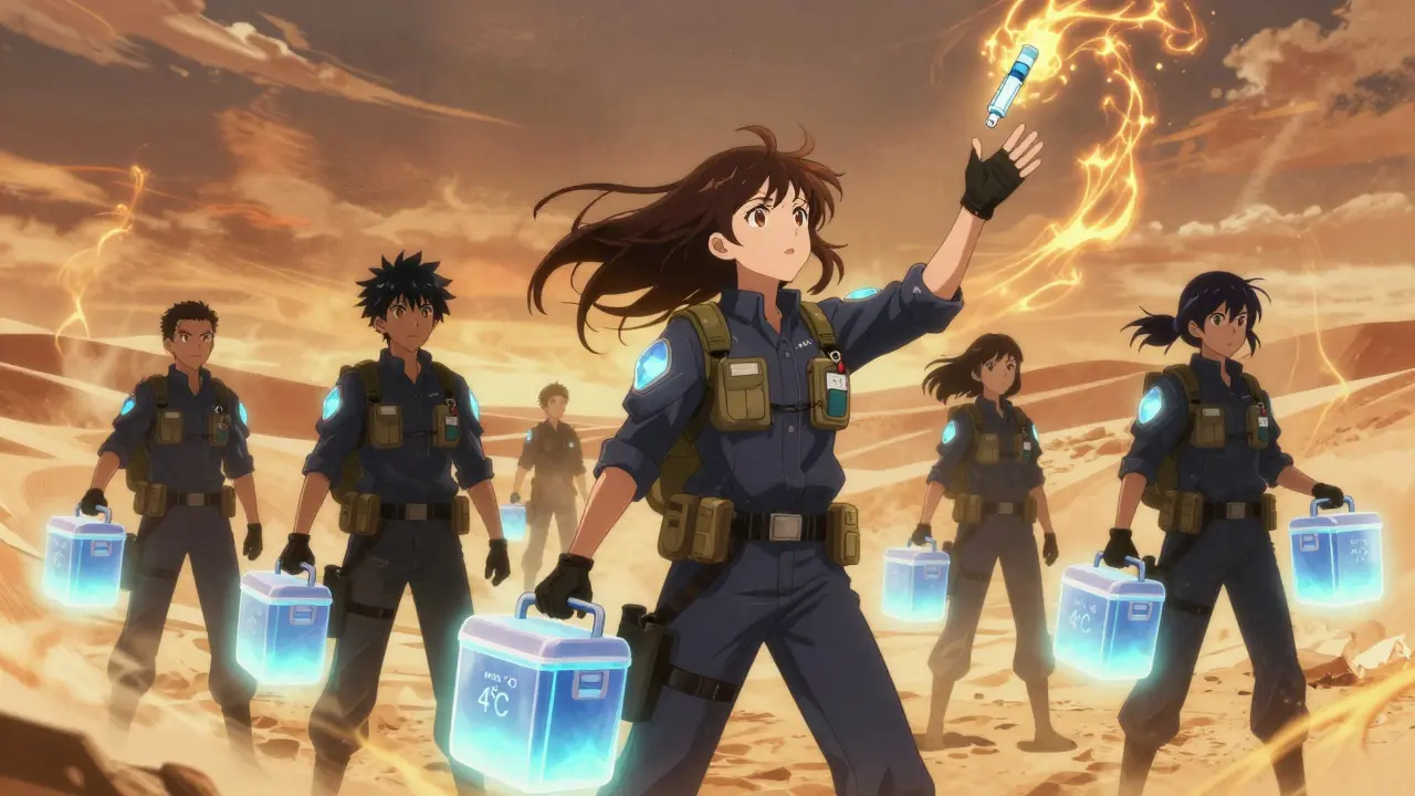 Medics on patrol carry floating coolers that glow blue, defending life-saving meds from heat spirits.