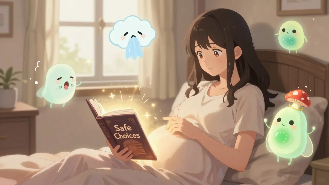 Pregnant person surrounded by cute animated side effects, reading a glowing book labeled 'Safe Choices' in a cozy room.
