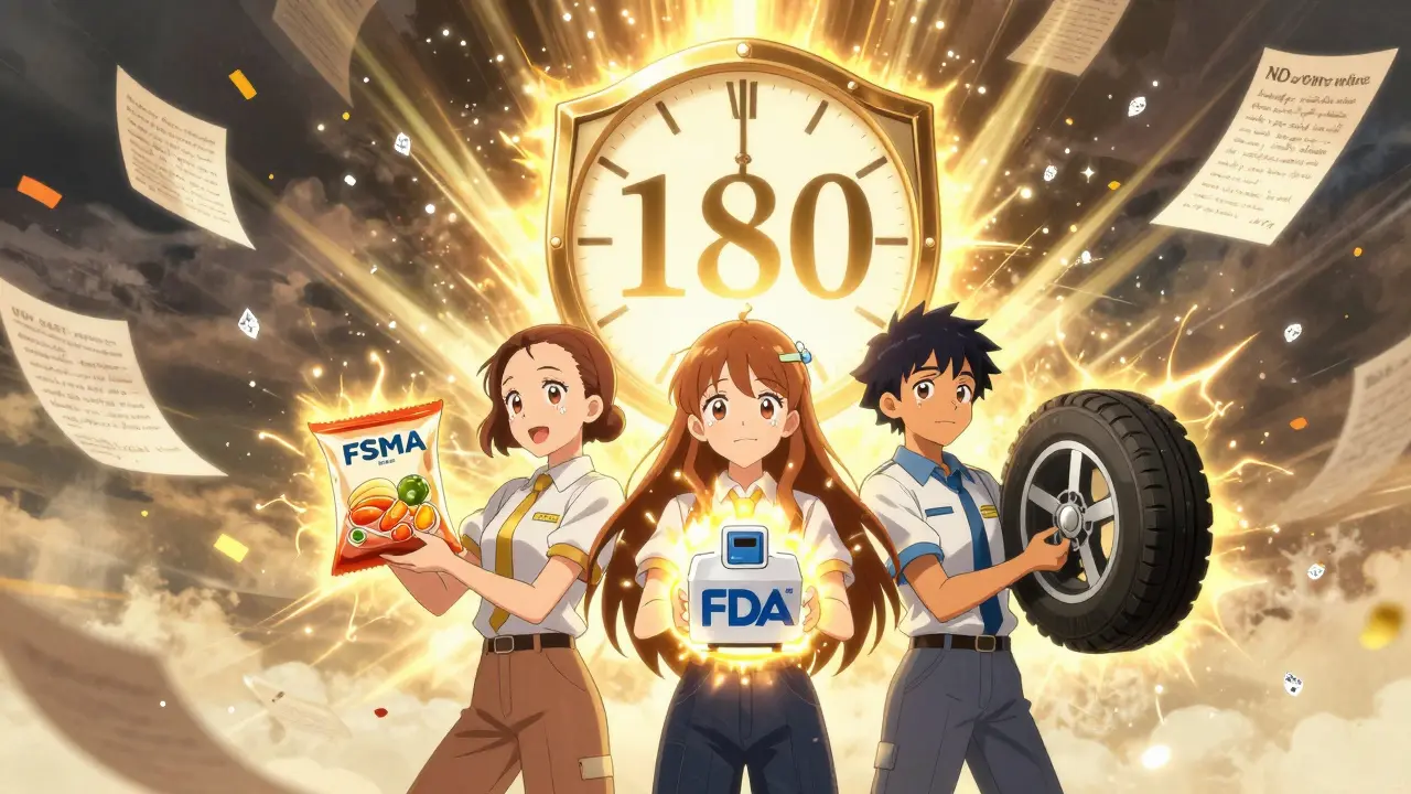 Three workers form a protective circle with glowing product artifacts, a countdown clock and legal statutes floating around them.