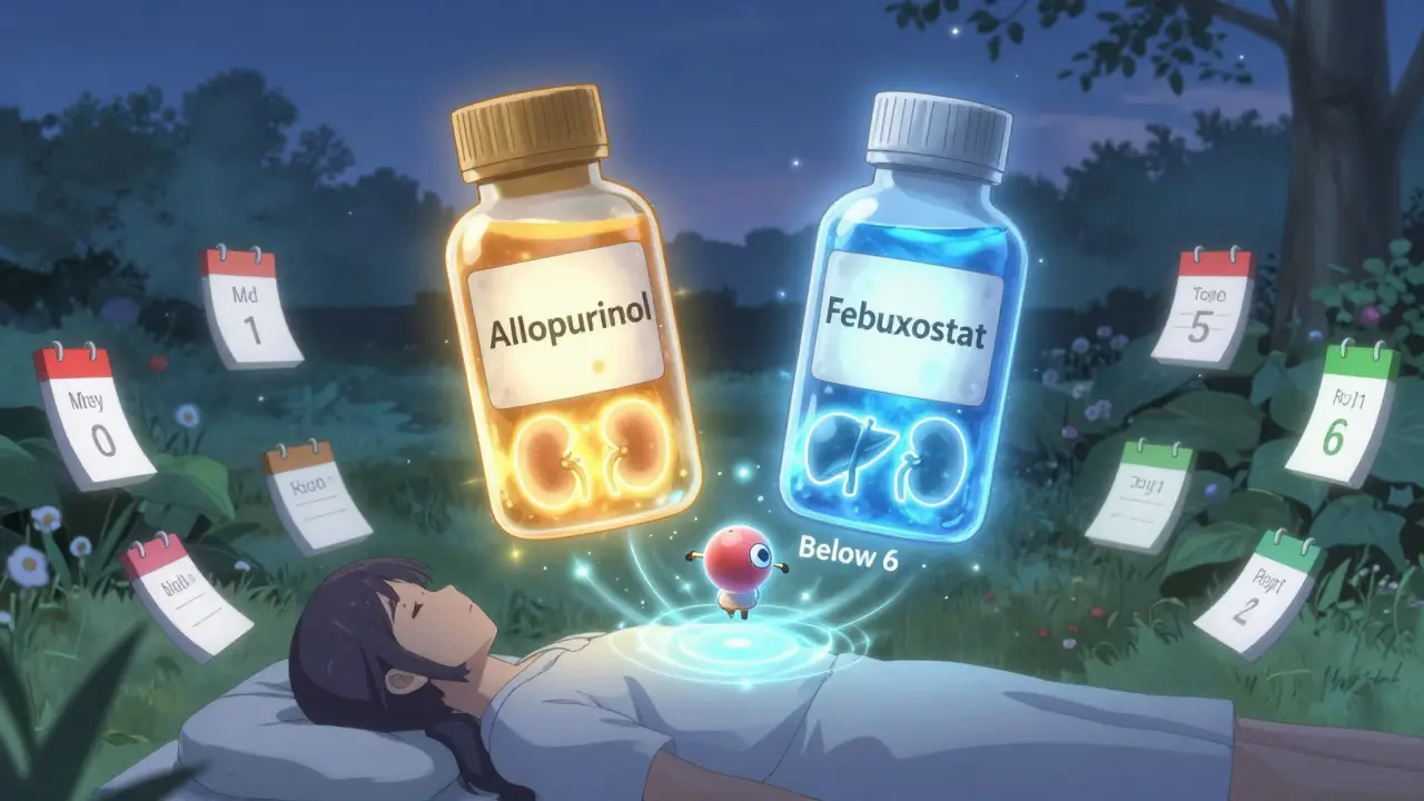 Two glowing medicine bottles guide a uric acid molecule toward a target level of below 6 mg/dL.