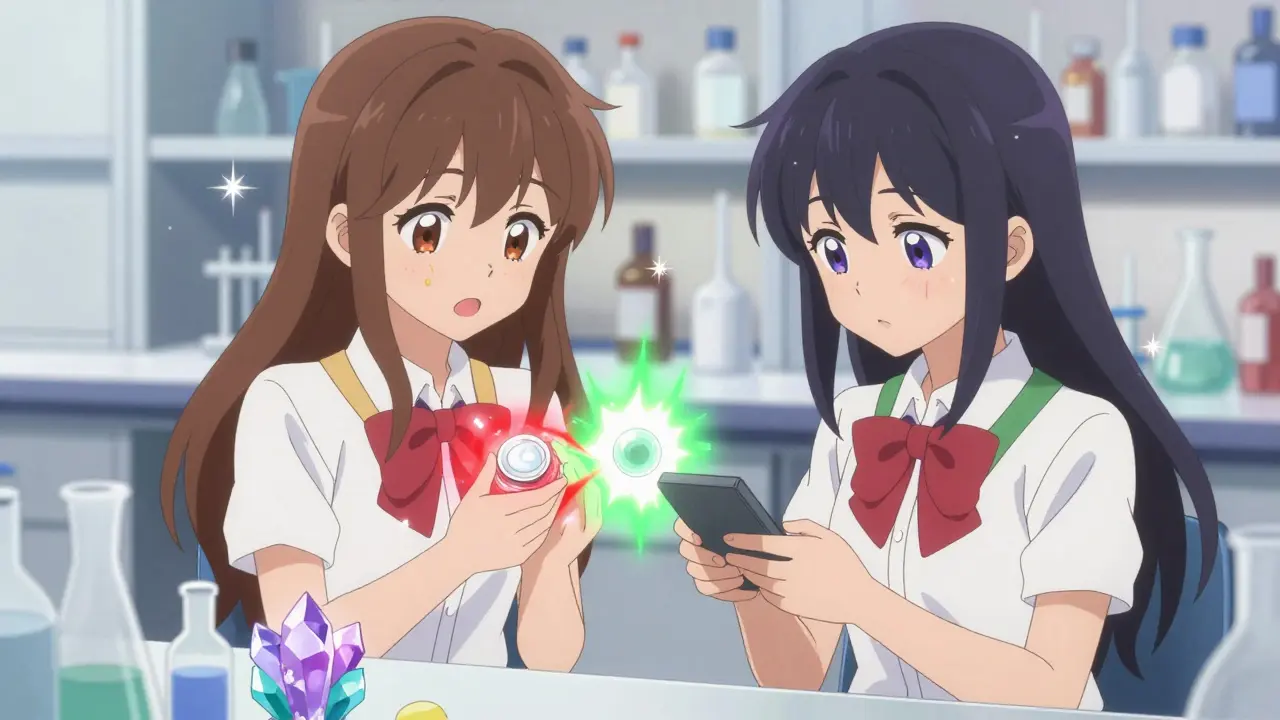 Two magical girls testing topical cream with conflicting glowing results