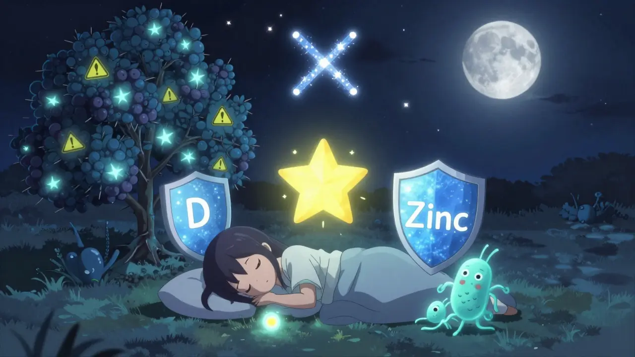 Vitamin D, zinc, and probiotics protect a sleeping patient as a thorny elderberry bush fades into darkness under moonlight.