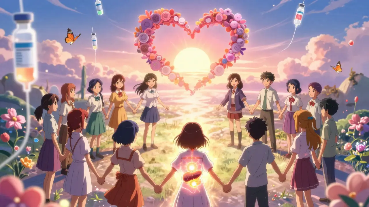 Youth holding hands as insulin vials turn into butterflies and a pancreas regenerates with healing light.