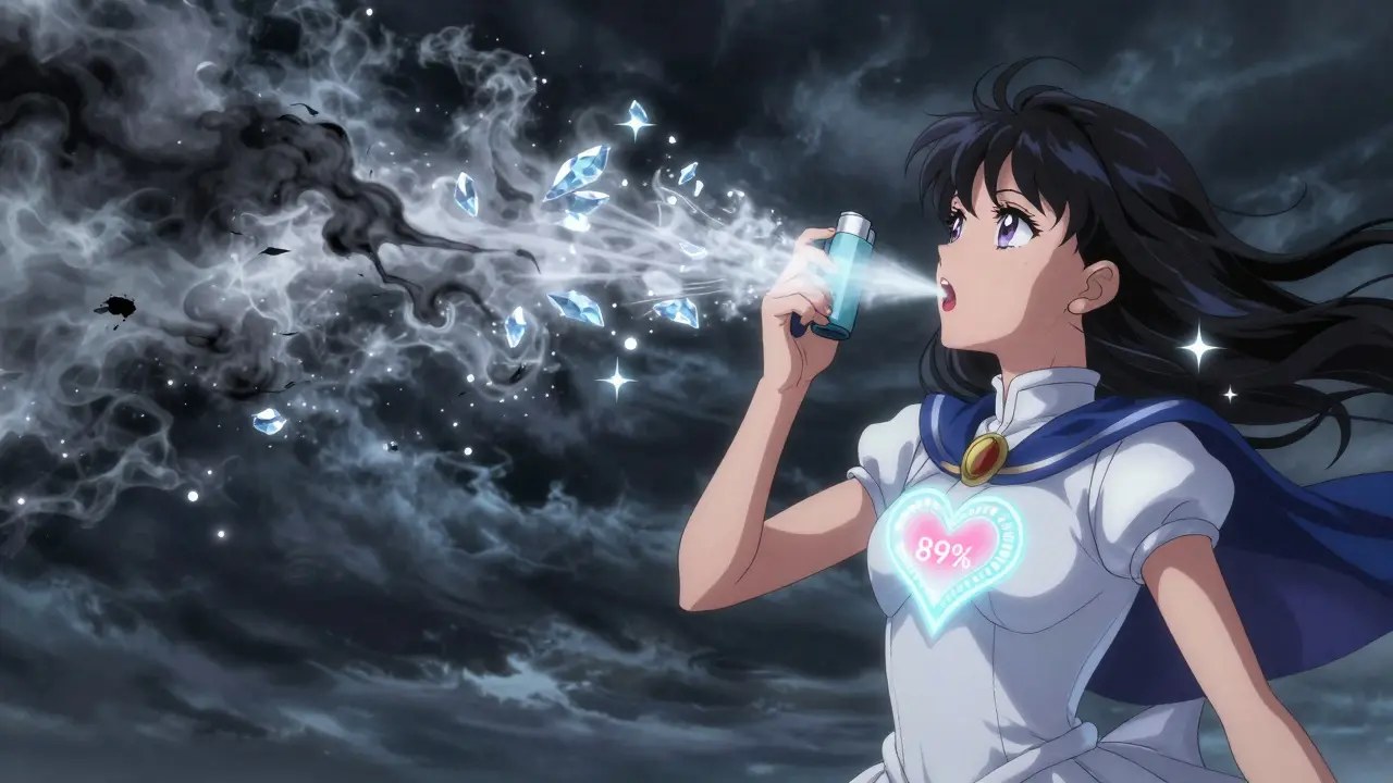 A girl's lungs are filled with radiant mist from correct inhaler use, while dark smoke chokes her from improper use.