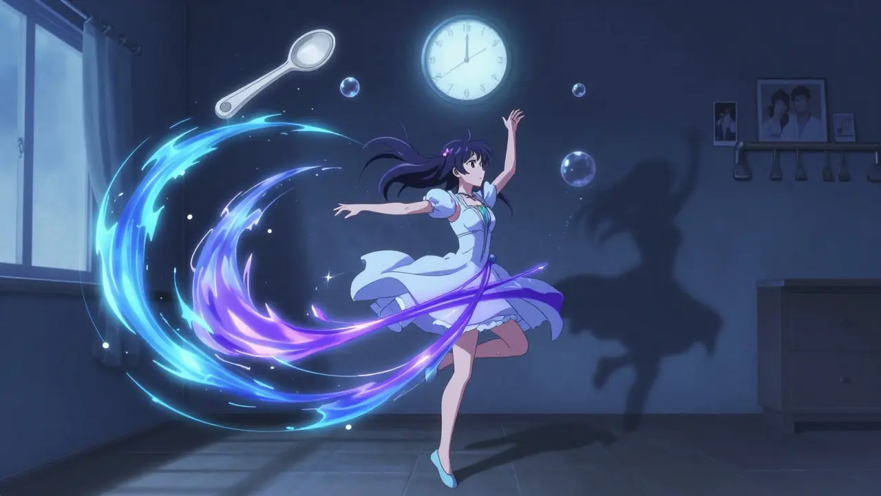 A girl dancing with luminous chorea waves, surrounded by therapy tools and a fading family photo.