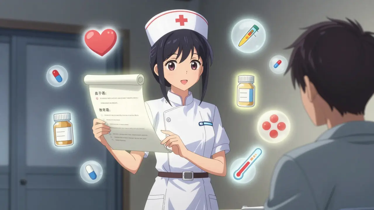 A nurse uses a floating rubric to assess a patient's health knowledge through animated, glowing icons representing key skills.