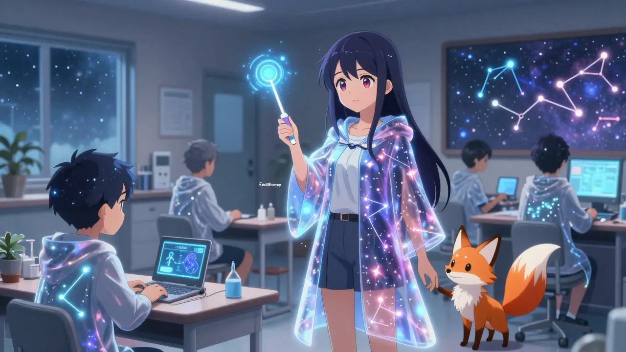 Patients in a magical clinic glow with personalized constellations reflecting their understanding of health management.